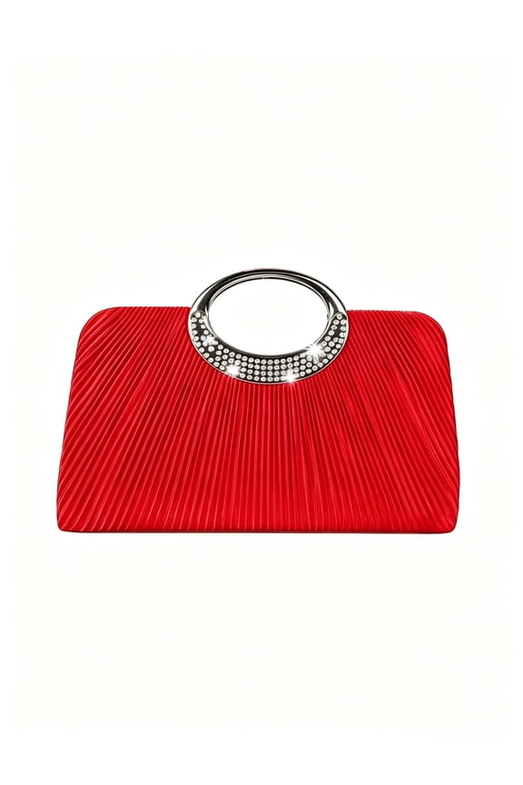 Women’s Red Pleated Evening Clutch Bag with Rhinestone Handle, Elegant Formal Party Wedding Prom Handbag, Crossbody Shoulder Chain Evening Bag