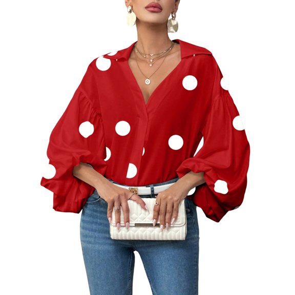 Women’s Red Polka Dot Blouse, Long Sleeve V-Neck Button Down Shirt, Casual Loose Fit Tops for Work or Daily Wear