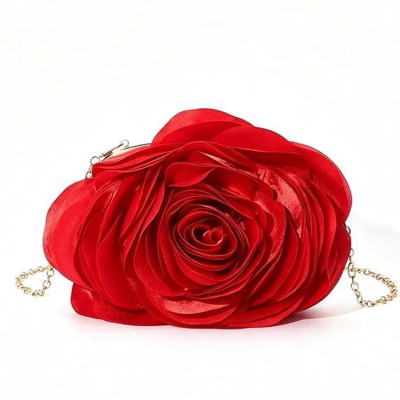 Women’s Red Rose Clutch Purse, Floral Evening Bag with Chain Strap