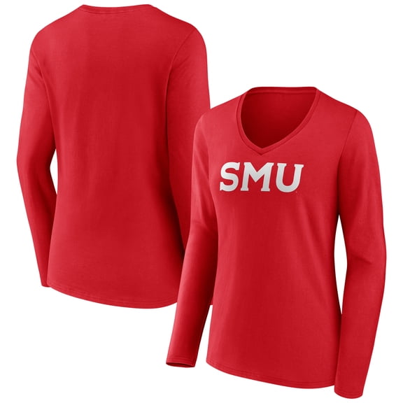 Women's Red SMU Mustangs Arch Long Sleeve V-Neck T-Shirt