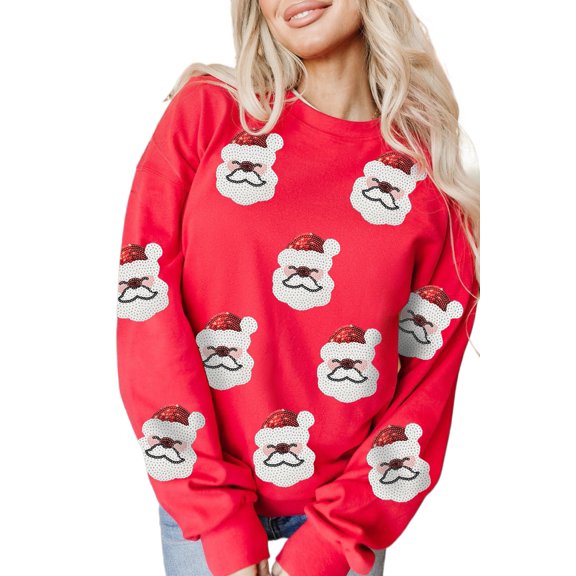 Women's Red Sequin Santa Claus Christmas Pullover Sweatshirt | [ZhiHiMeRi] | (US 20-22)2XL