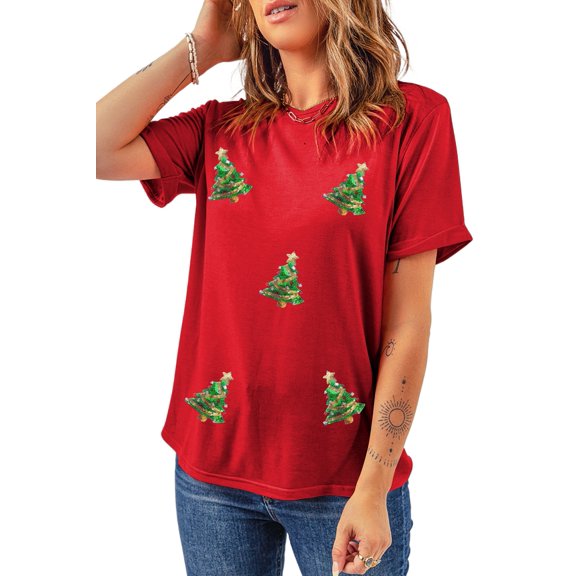 Women's Red Sequined Christmas Tree Graphic Crewneck T-Shirt | [ZhiHiMeRi] | (US 4-6)S
