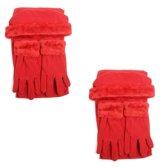 Women's Red Solid Fleece 3-Piece gloves scarf Hat Winter Set, 2 Pack