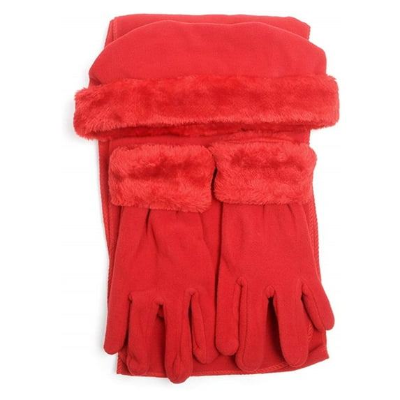 Women's Red Solid Fleece 3-Piece gloves scarf Hat Winter Set