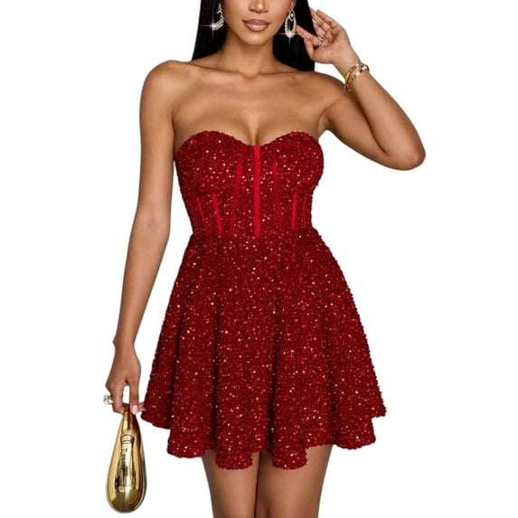 Women's Red Strapless Sequin Dress – Sexy Bodycon Cocktail Party Gown for Valentine's Day Prom Holiday Events