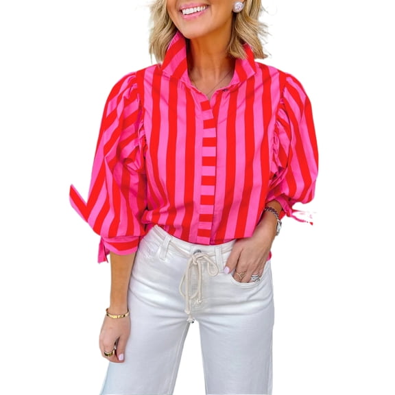Women's Red Stripe Button Down Shirt – Half Sleeve Shift Blouse with Knot Details for Office and Daily Wear, S