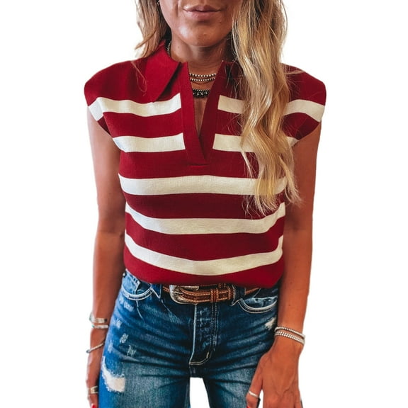 Women's Red Stripe Collared Split Neck Sweater Vest - Trendy and Comfortable | [ZhiHiMeRi] | (US 16-18)XL