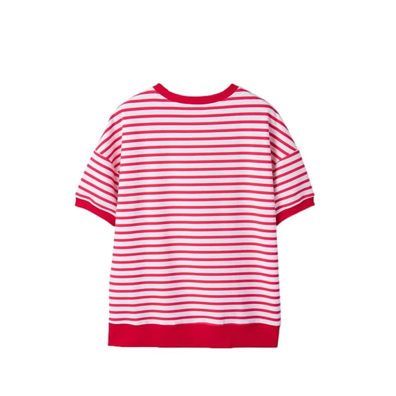Women's Red Stripe Drop Shoulder Half Sleeve T-Shirt – Casual Summer Essential for Daily Wear, XL