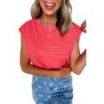 thumbnail image 1 of Women's Red Stripe Ribbed Cap Sleeve Round Neck T-Shirt - Casual & Comfortable | [ZhiHiMeRi] | (US 16-18)XL, 1 of 12