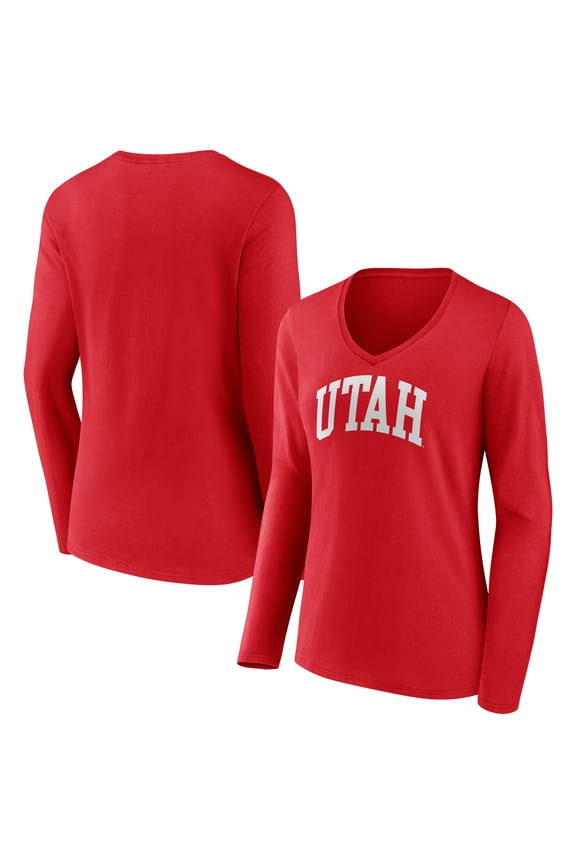 Women's Red Utah Utes Arch Long Sleeve V-Neck T-Shirt