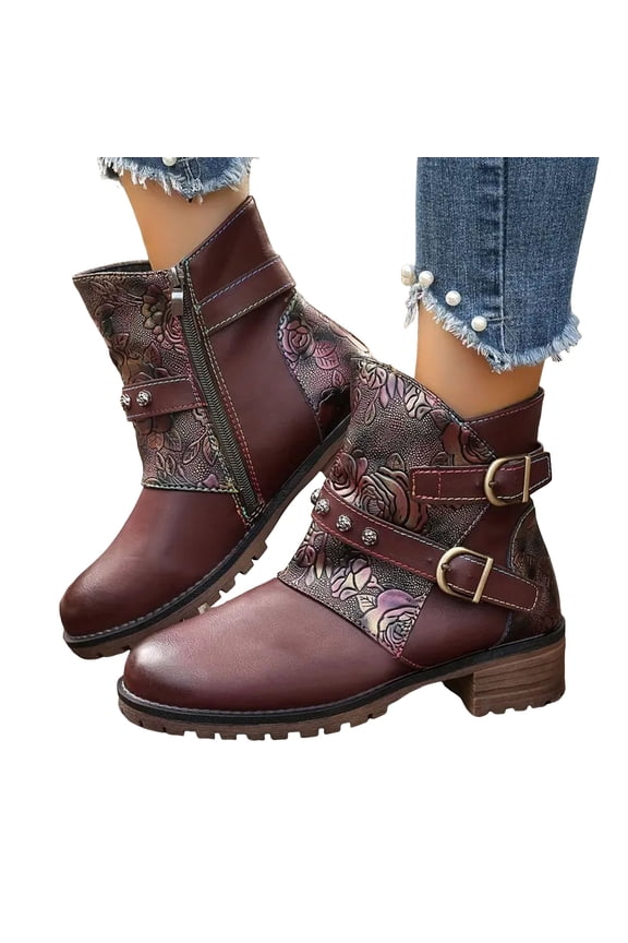 Women's Red Vintage Ankle Boots Platform Non Slip Patchwork Leather Combat Boots Fashion Buckle Mid Calf Booties Size 8