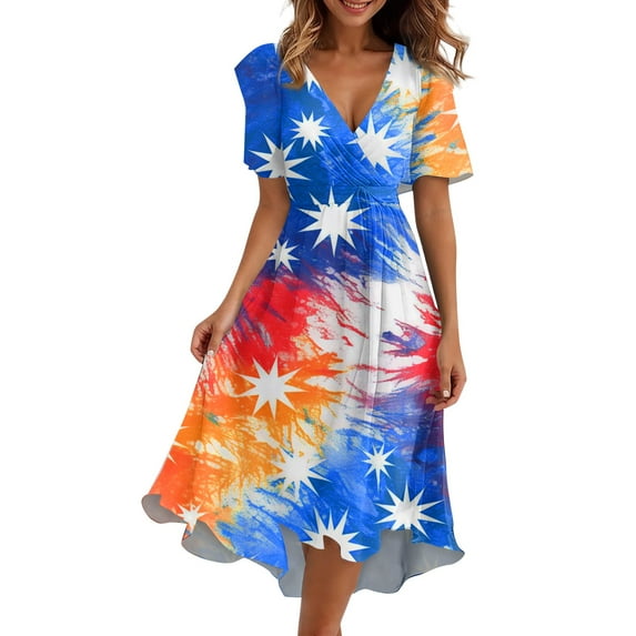 Women's Red White Blue Star Print Midi Dress,Sexy V-Neck Casual Summer Patriotic Sundress for Independence Day 4th of July,Deep Red 2XL