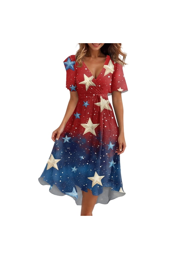 Women's Red White Blue Star Print Midi Dress,Sexy V-Neck Casual Summer Patriotic Sundress for Independence Day 4th of July,Red L