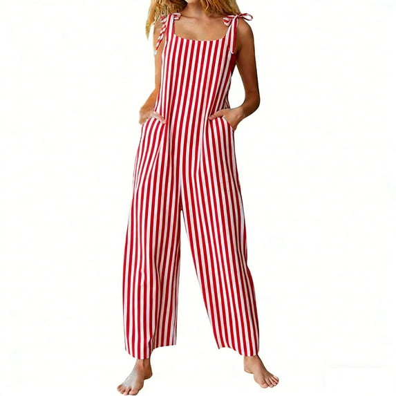 Women's Red White Striped Popcorn Overalls Trendy Wide Leg Casual Jumpsuit with Bow Straps
