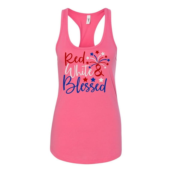 Women's Red, White, and Blessed Patriotic Fourth of July Independence Day Racerback Tank Top Graphic Tee-Hot Pink-small