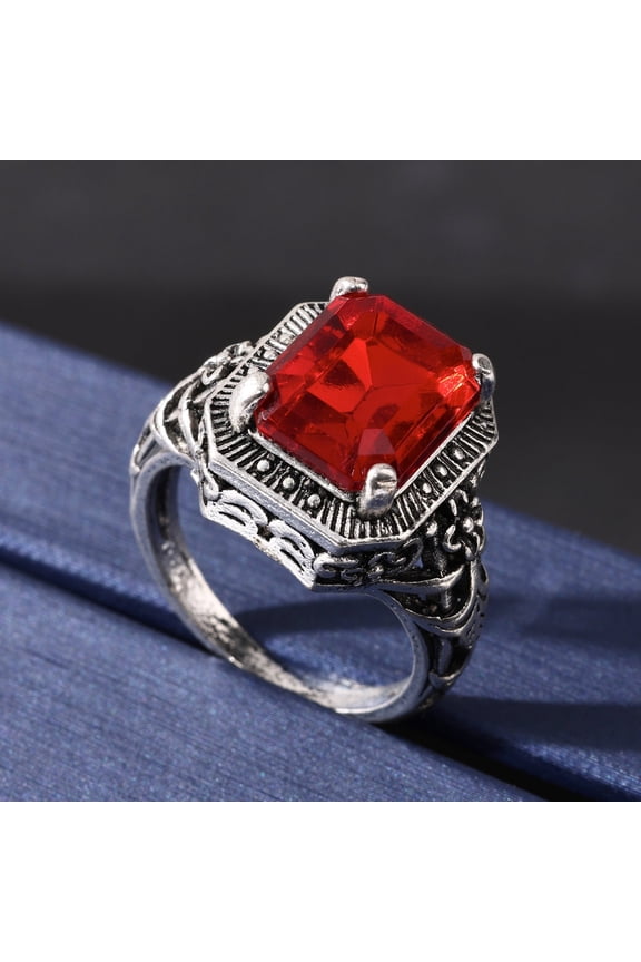 Women's Red Ring Minimalist Hollow Square Alloy Metal Ring with Glass Inlay Geometric Jewelry Anniversary Ring Business