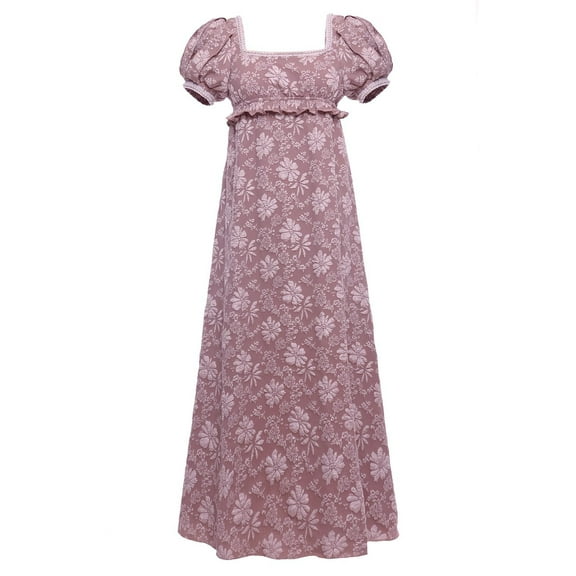 Women's Regency-Era Gown - Elegant Pearl-Embellished Dress with Puff Sleeves & Empire Waist