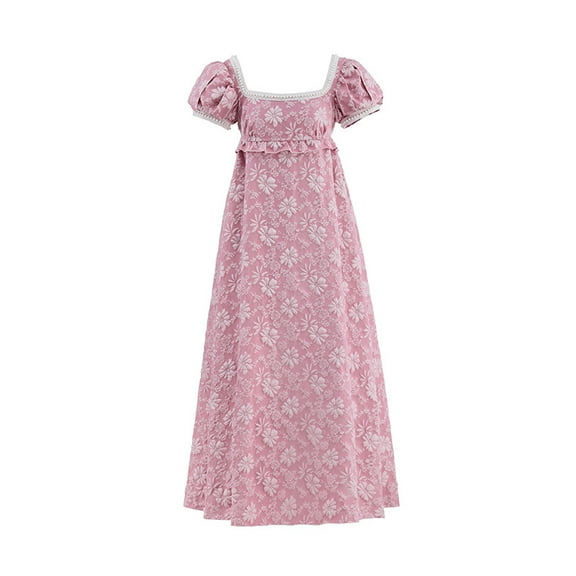Women's Regency Inspired Vintage High Waist Victorian Tea Dress Elegant Long Gown