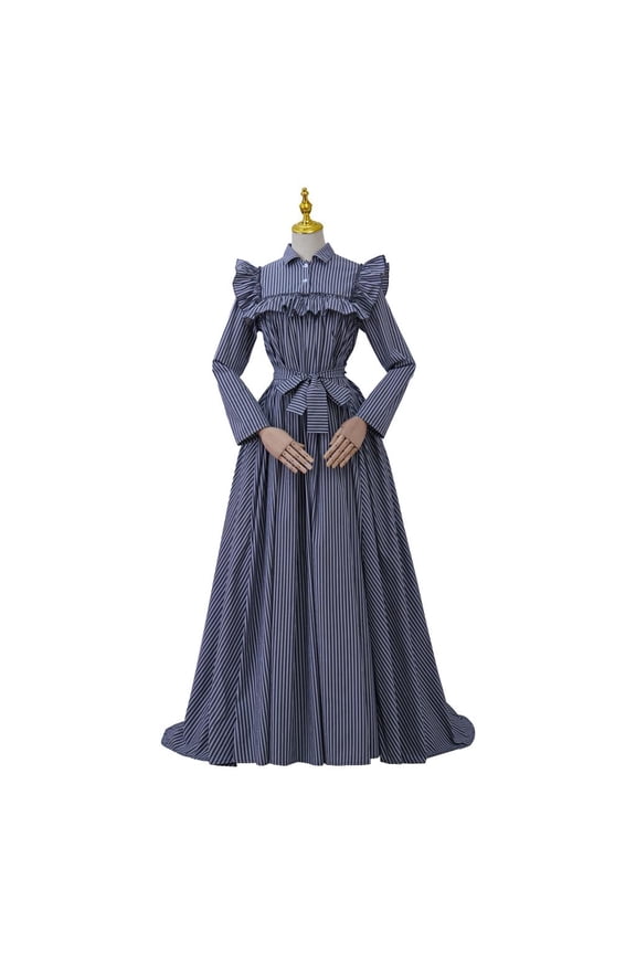 Women’s Regency Victorian Ball Gown Dress Blue White Vintage High Waist Tea Party Dress