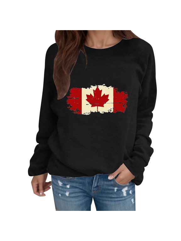 Women's Regular Crew Neck Sweatshirt Vintage Canada Flag Graphic Long Sleeve Tops