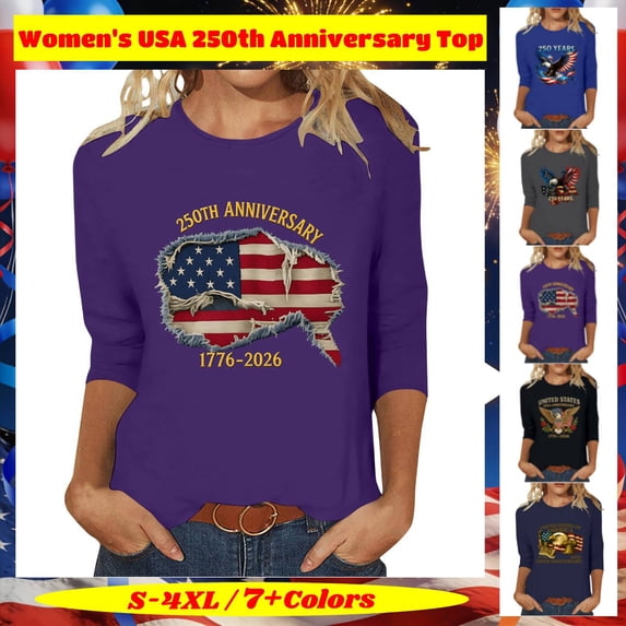 Women's Regular Fit Printed 3/4 Sleeve T-Shirt, Round Neck Casual Pullover Blouse, USA 250th Anniversary Lightweight Soft Fashion Summer Tops, Independence Theme, S-4XL