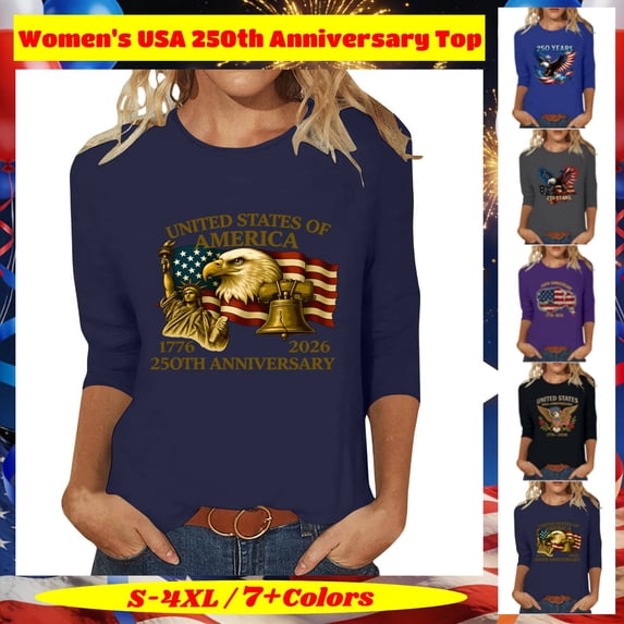 Women's Regular Fit Printed 3/4 Sleeve T-Shirt, Round Neck Casual Pullover Blouse, USA 250th Anniversary Lightweight Soft Fashion Summer Tops, US Pride Graphic, S-4XL