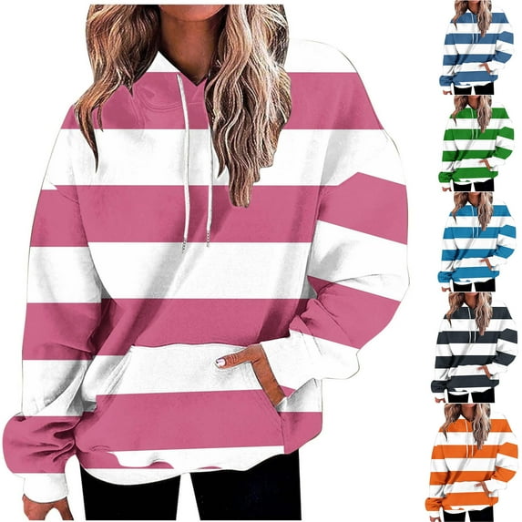 Women's Regular-Fit Pullover Hoodie Women Oversized Striped Sweatshirt Long Sleeve Color Block Pullover Tops Casual Loose Workout Clothes Women's Tshirts Long Sleeve Drawstring Hoodies