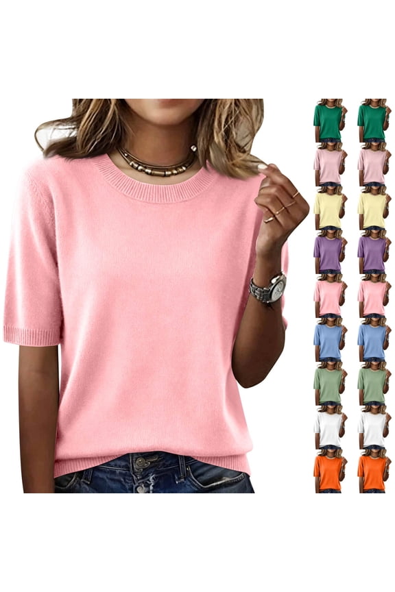 Women's Regular Fit Tops Crew Neck Short Sleeve Wool Blend Sweater Shirts Fine Knit Lightweight Business Casual Summer Elegant Blouses, #03 Pink, M