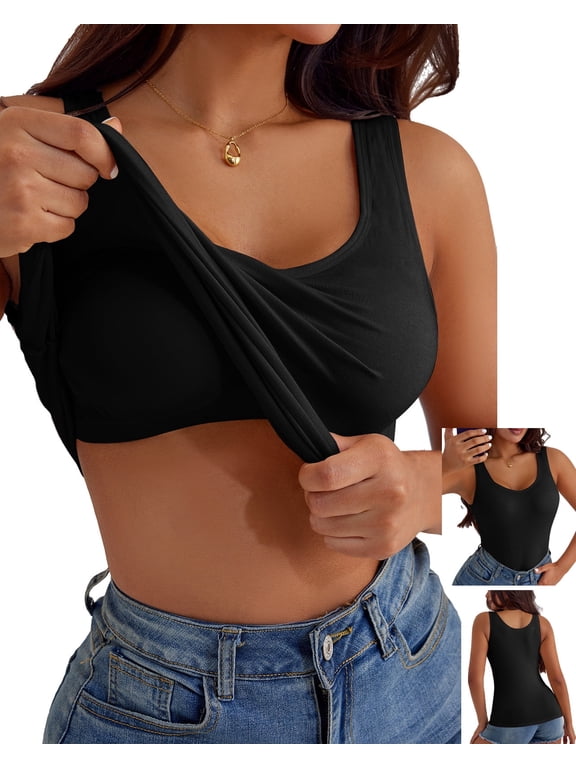 Women's Regular Size Vest with Built-In Bra, Featuring Comfortable And Breathable Shaping Tops That Can Be Worn As Outerwear And Underwear With Wider Strap Black XL