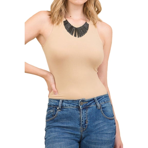 Women's Regular Solid Active Round Neck Bodysuit - Khaki L/XL