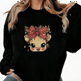 thumbnail image 1 of Women's Reindeer Bow Christmas Graphic Sweatshirt Festive Graphic Top Breathable Round-neck long-sleeved Black S-3XL, 1 of 6
