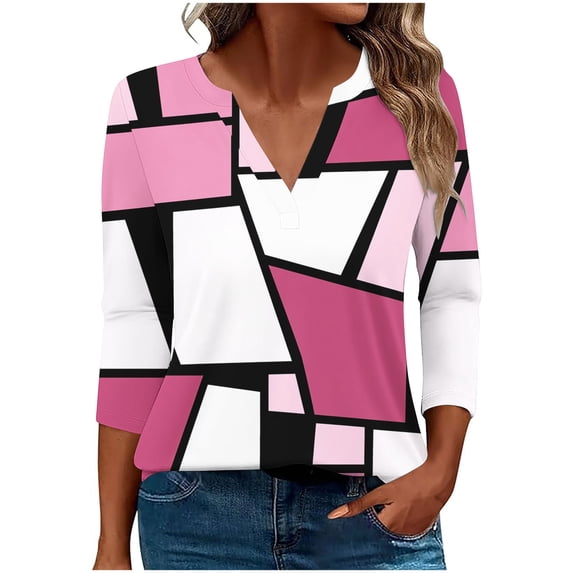 Women's Relaxed Fit 3/4 Sleeve Blouse, Printed V-Neck Top
