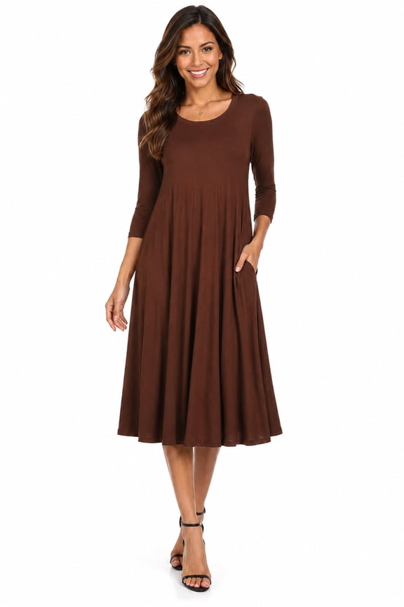 Women's Relaxed Fit 3/4 Sleeve Round Neck Jersey Knit A-Line Solid Maxi Dress