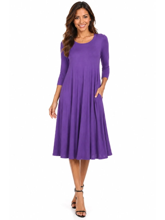 Women's Relaxed Fit 3/4 Sleeve Round Neck Jersey Knit A-Line Solid Maxi Dress