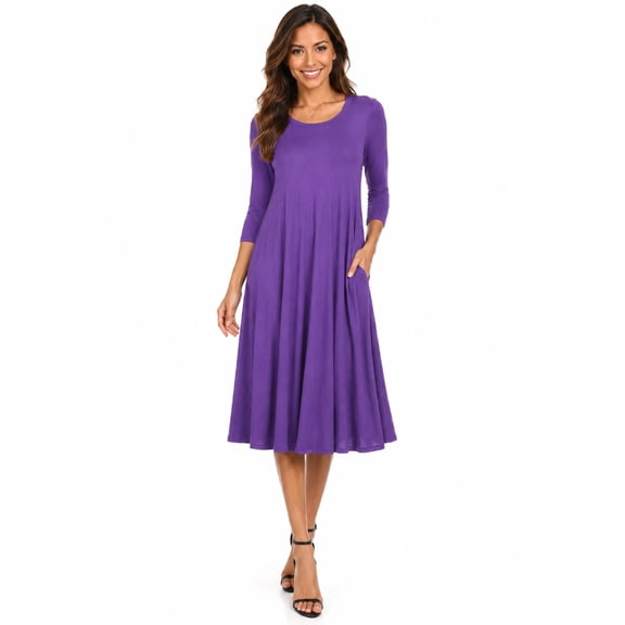 Moa Collection Women's Relaxed Fit 3/4 Sleeve Round Neck Jersey Knit A-Line Solid Maxi Dress