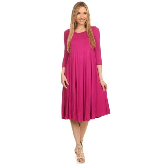 Women's Relaxed Fit 3/4 Sleeve Round Neck Jersey Knit A-Line Solid Maxi Dress