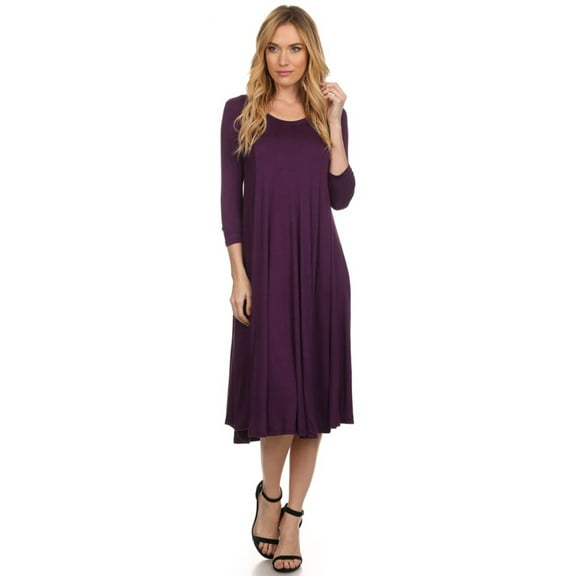 Women's Relaxed Fit 3/4 Sleeve Round Neck Jersey Knit A-Line Solid Maxi Dress