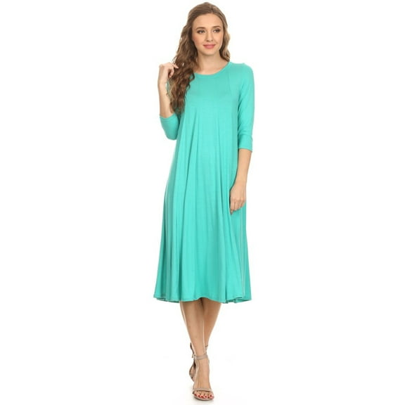 Women's Relaxed Fit 3/4 Sleeve Round Neck Jersey Knit A-Line Solid Maxi Dress