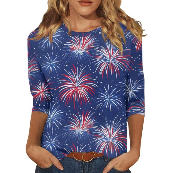 Women's Relaxed Fit 3/4 Sleeve Tee, Patriotic Independence Day Graphic Print Casual Top for Yoga & Errands, Breathable & Odor-Resistant,Dark Blue S