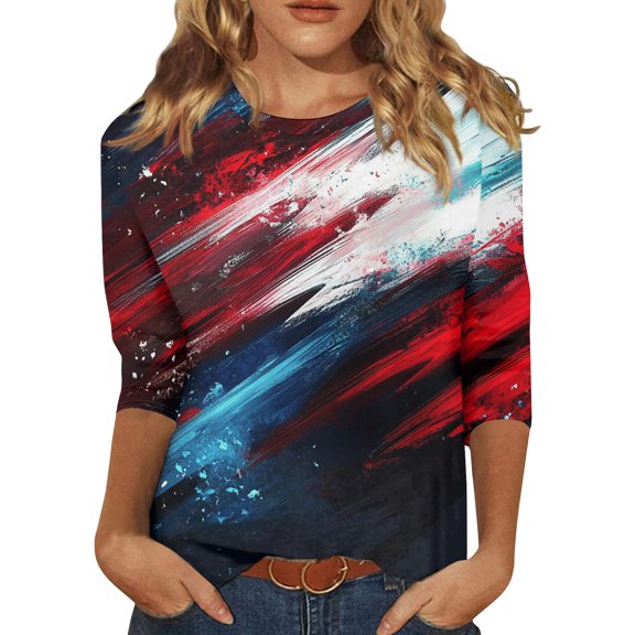 Women's Relaxed Fit 3/4 Sleeve Tee, Patriotic Independence Day Graphic Print Casual Top for Yoga & Errands, Breathable & Odor-Resistant,Deep Red S