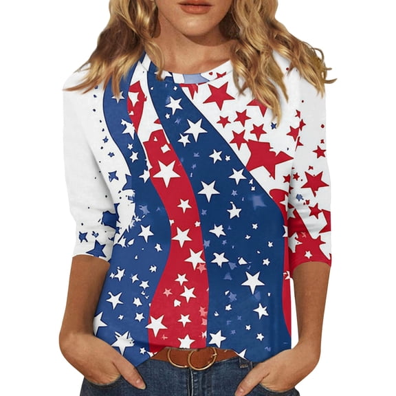 Women's Relaxed Fit 3/4 Sleeve Tee, Patriotic Independence Day Graphic Print Casual Top for Yoga & Errands, Breathable & Odor-Resistant,White S
