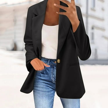 Women's Relaxed Fit Button Front Blazer Work Casual Business Blazer Black L