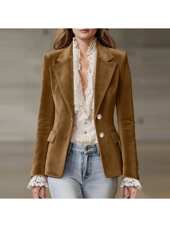 Women's Relaxed Fit Button Down Turndown Collar Long Sleeve Solid All-Match Heavyweight Jacket Blazer Coat Business Casual Work Office | CSEONE,Brown L