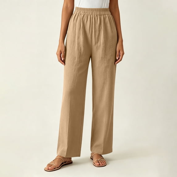 Women's Relaxed Fit Chinos With Elastic Waist And Pockets Mid Rise Straight Trousers For Weekend Casual