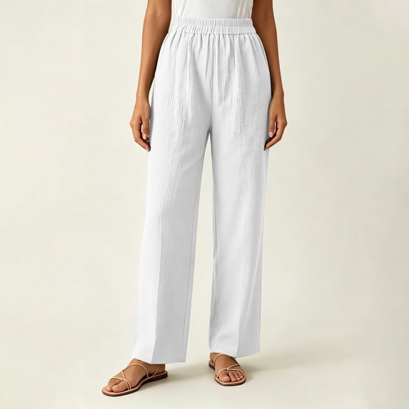 Women's Relaxed Fit Chinos With Elastic Waist And Pockets Mid Rise Straight Trousers For Weekend Casual