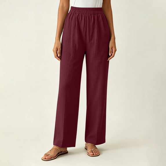 Women's Relaxed Fit Chinos With Elastic Waist And Pockets Mid Rise Straight Trousers For Weekend Casual