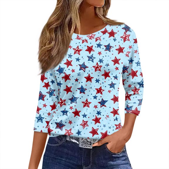 Women's Relaxed Fit Crewneck 3/4 Sleeve Tee, Independence Day Graphic Print Casual Top for Gym & Lounging, Moisture-Wicking Fabric,Sky Blue S