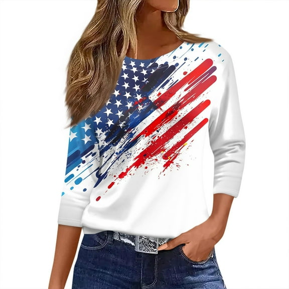 Women's Relaxed Fit Crewneck 3/4 Sleeve Tee, Independence Day Graphic Print Casual Top for Gym & Lounging, Moisture-Wicking Fabric,Vermilion XL