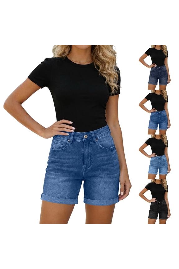 Women's Relaxed Fit Denim Shorts, Stretchy Mid Waist with Classic Five Pocket Styling, Rolled Hem, Breathable Casual Everyday Outings, Versatile Summer Travel, Easy Comfort