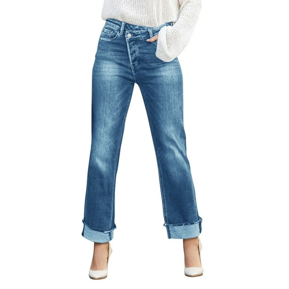 Women's Relaxed-Fit Jeans Elegant High Waisted Straight Leg Stylish Rolled Hems Fashion Stretch Lifting Slim Denim Pants Elastic Waist Lightweight Trousers